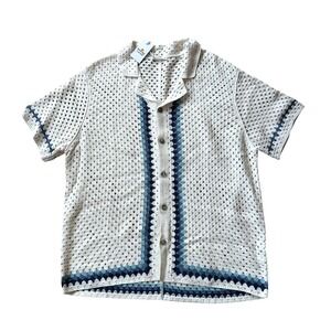 Marine Layer Archive Ace Crochet Resort Shirt Natural Border Blue Mens XL NEW